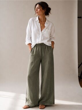 Max Studio Olive Wide-Leg Linen-Blend Pants